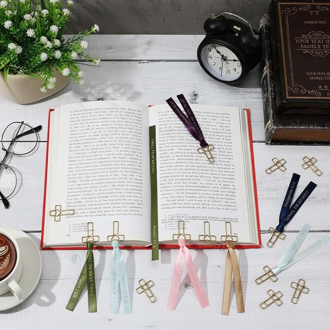 Resurhang 80 Pack Heart Cross Paper Clips with Ribbons 40 Rose Gold Bible Paper Clips 40 Christian Bookmark Ribbons Bible Study Journaling Supplies Easter Eggs Fillers Women Christian Gifts