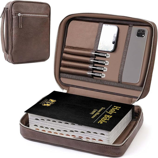 Bible Case for Men, Vegan Leather Bible Cover with Durable Handle and Zippered Pocket, Carrying Bag for Church and Prayer Meetings, Father's Day Christian Gift for Dad
