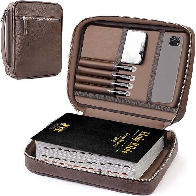 Bible Case for Men, Vegan Leather Bible Cover with Durable Handle and Zippered Pocket, Carrying Bag for Church and Prayer Meetings, Father's Day Christian Gift for Dad