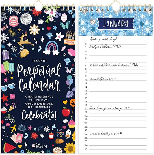 bloom daily planners Perpetual Hanging Flip Calendar - 5” x 10” - Monthly Wall Organizer Notepad for Important Dates, Birthdays, Anniversaries - Holiday Icons