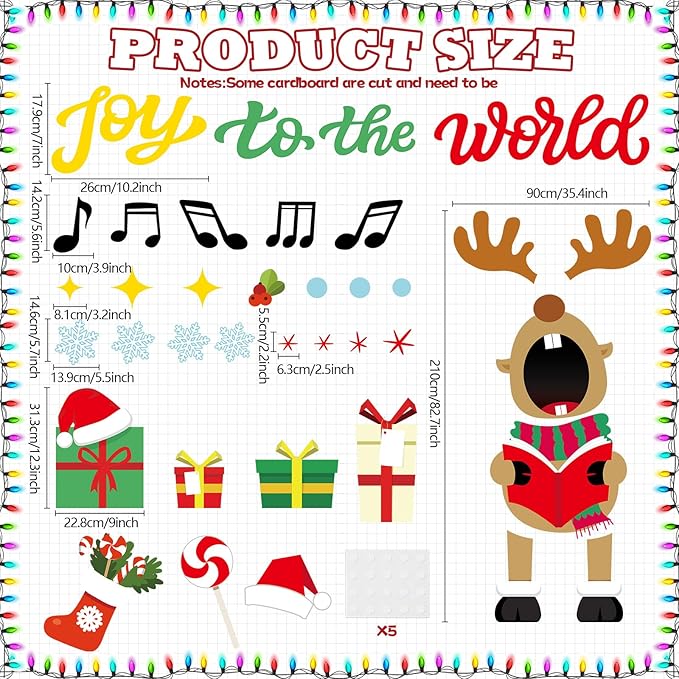 Christmas Deer Music Bulletin Board Door Decorations Xmas Joy to The World Classroom DIY Photo Crafts Singing Elk Snowflake Paper Cutouts Winter Party Favors School Home Chalkboard Door Decor Supplies
