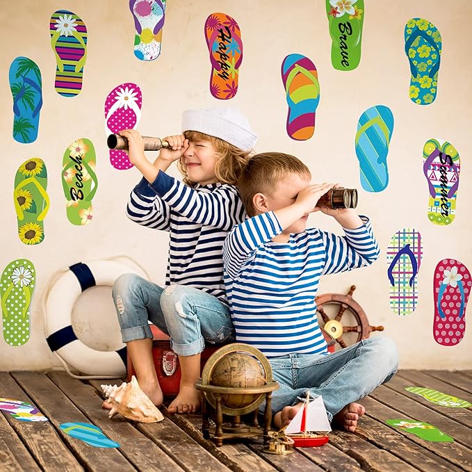 Tenare 60 Pieces Flip-Flop Accents Colorful Flip-Flop Cutouts Summer Bulletin Board Wall Decor Hawaiian Party Cutouts with Glue Point Dots for Classroom Party Decor