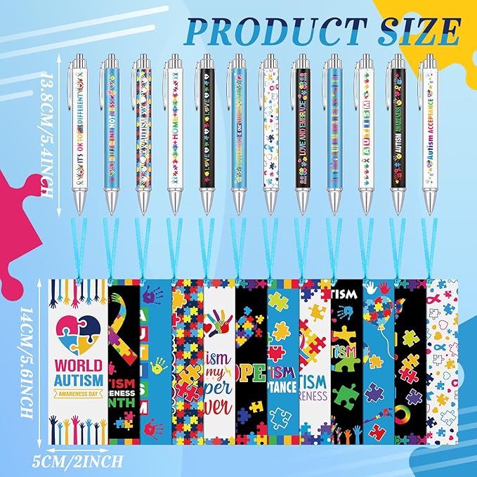 Motiskyy 48 Pcs Autism Awareness Pens and Bookmarks Bulk Breast Cancer Mental Health Accessories Colorful Autism Awareness Stuff for Social Charity Public Event Education Supplies Motivational Gifts