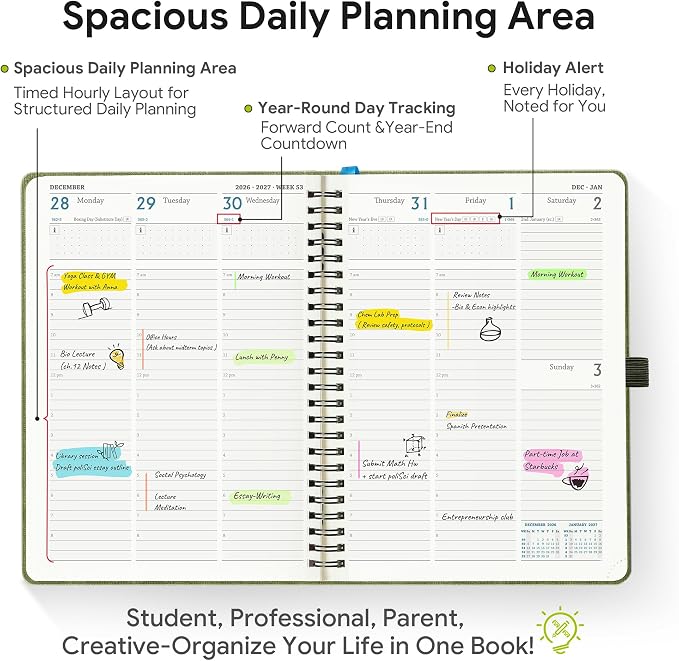2026-2027 Planner, Daily Weekly Monthly Academic Planner, 18 Months Spiral Bound Agenda, 6.5"x 8.5", Vertical Layout, Calendar Planner, Vegan Leather Soft Cover,Pink