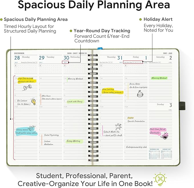 2026-2027 Planner, Daily Weekly Monthly Academic Planner, 18 Months Spiral Bound Agenda, 6.5"x 8.5", Vertical Layout, Calendar Planner, Vegan Leather Soft Cover,Charcoal Gray