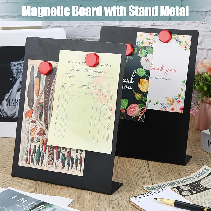 Fainne 8 Pcs Magnetic Bulletin Board with Easel Stand Mini Black Magnet Metal Tabletop Memo Display Board for Back to School Menu Table Office Supplies (11 x 8.5 Inches)