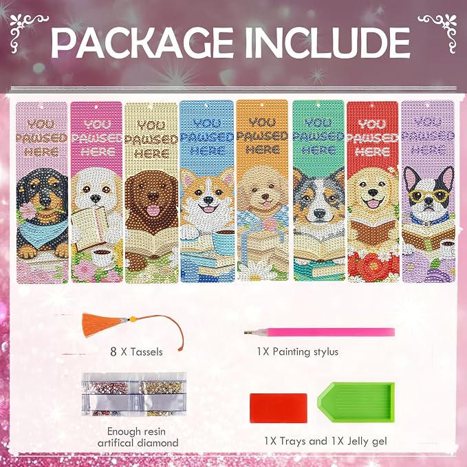Dog Diamond Art Bookmarks - 8 PCS DIY Diamond Painting Bookmarks Kits Flower Art Craft Supplies Birthday Dog Gift for Dogs Lovers, Birthday Festival Gift for Reading Lover Beginners