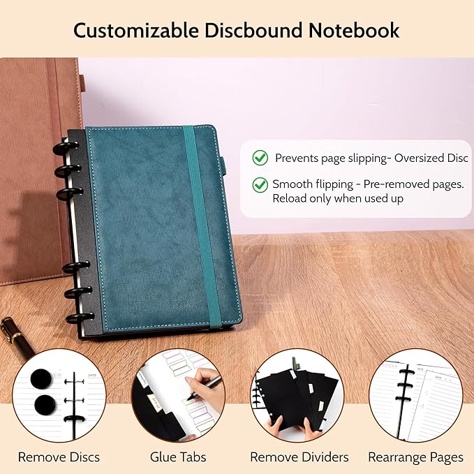 Yoment Refillable Notebooks for Work 5 Subject with Removable Dividers Tabs 224 Pages Hardcover Leather Journals for Writing Small Discbound Planner Colleged Ruled Paper for Women Men 6.1 x 8.3,Blue