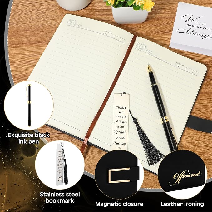 7 Pcs Officiant Gift Set Includes Leather Hardcover Proposal Officiant Book Black Ink Pen Thank You Card with Envelope and Sticker Bookmark Gift Box for Wedding(Black)