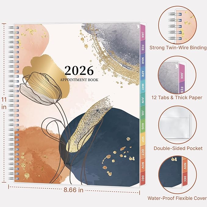 2026 Appointment Book, 30 Minutes-Hourly, Weekly ＆ Monthly Calendar Planner 2026, Jan 2026 - Dec 2026, 8.5'' x 11'', 2026 Daily Planner with Tabs ＆Pocket, Flexible Cover, Great for Office, Home, School