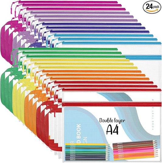 YOPCDJ Double Layers Mesh Zipper Pouch Bags A4 (13x9 in, 24 Pcs) 8 Colors Zipper Bags, Waterproof File Pouches for Puzzles Board Game Teacher School Classroom Office Supplies Travel Bag