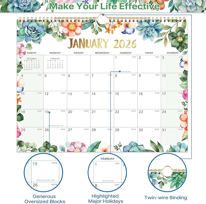 2026 Calendar - 2026 Wall Calendars, JAN. 2026 to DEC. 2026, 2026 Wall Calendar 12 Month, 14.5" x 11", Large Writing Blocks