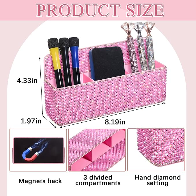 MotiMind Glitter Pink Locker Accessories for Girls, Bling Magnetic Pen Holder for Refrigerator, Back to School Rhinestone Marker Holder for Locker, Sparkly Gift for Student (Large,Pearl)