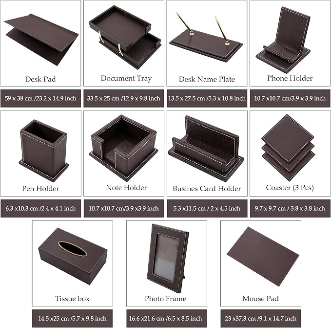 Leather Desk Set, 11-Piece All-in-One – Executive Desk Accessories & Office Supplies,Desk Organizer with Desk Pad & Blotter, 2-Tier Letter Tray, Luxury Office Desk Decor & Boss Gifts (Brown)