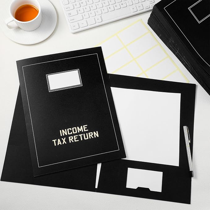 Kisston 50 Pcs Tax Return Folders Bulk 2 Pocket Gold Foil Stamped Income Tax Folders with Labels Business File Office Blank Organizer (Black)
