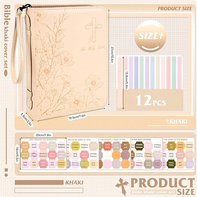 Bible Cover Case for Women Khaki Leather Floral Bible Storage Bag with Highlighters Tabs for Girls Bible Study Supplies Accessories Christian Gifts