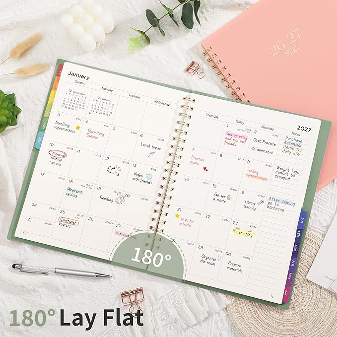 EMSHOI Academic Planner 2026-2027, Large A4 8.5x11, Weekly and Monthly Calendar (July 2026-June 2027), School Student Teacher Agenda Book, 100GSM Thick Paper, PVC Cover, Colorful Tabs, Light Green