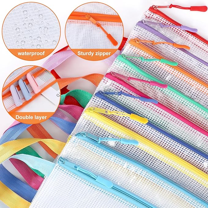 Double Layers Mesh Zipper Pouch Bags A4 (13x9 in, 24 Pcs) 8 Colors Zipper Bags, Waterproof File Pouches for Puzzles Board Game Teacher School Classroom Office Supplies Travel Bag