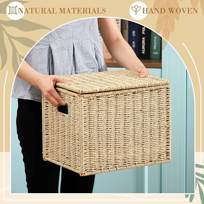 Jingmore 1 Pack Paper Rope File Box Organizers Collapsible Letter Size Filing Cabinet with Lid Woven Hanging File Basket Portable Decorative Document Storage Box for Office/Decor/Home (Letter Size)