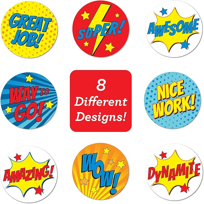 Super Hero Reward Stickers / 500 Labels Roll / 8 Cartoon Comic Designs / 1.5" Classroom Teacher Nice Work Incentive Grading Labels/Made in The USA