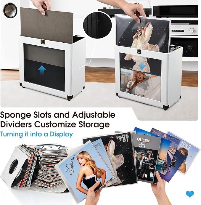 Hododou Vinyl Record Storage Box with Lock Record Organizer Storage for 30+ Single Records 12-inch Water Resistant Collapsible Storage Crate with Lid Handle Mesh Pouch for Vinyl Collect Acrylic White