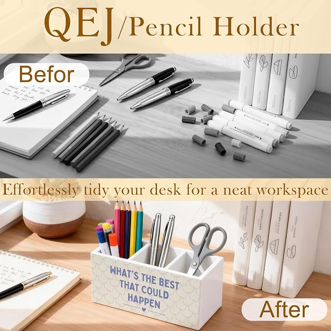 Coquette Bow Motivational Pen Holder for Desk, What's the Best That Could Happen Positive Affirmations Wooden Box Pencil Pen Organizer for Girls Room Dorm Home Office Desk Tabletop