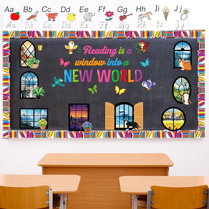 Honoson 56 Pcs Spring Reading Bulletin Board Set Back to School Classroom Decor Reading is a Window Bulletin Boards Book Border for Spring Motivational Library Classroom Chalkboard Wall Decor(Window)