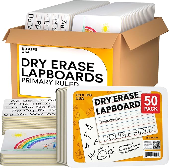 Dry Erase Board, (Primary Ruled) Dry Erase Lap Boards, Small White Boards Dry Erase, White Board Mini, 9” x 12” Double Sided (50 Pack)