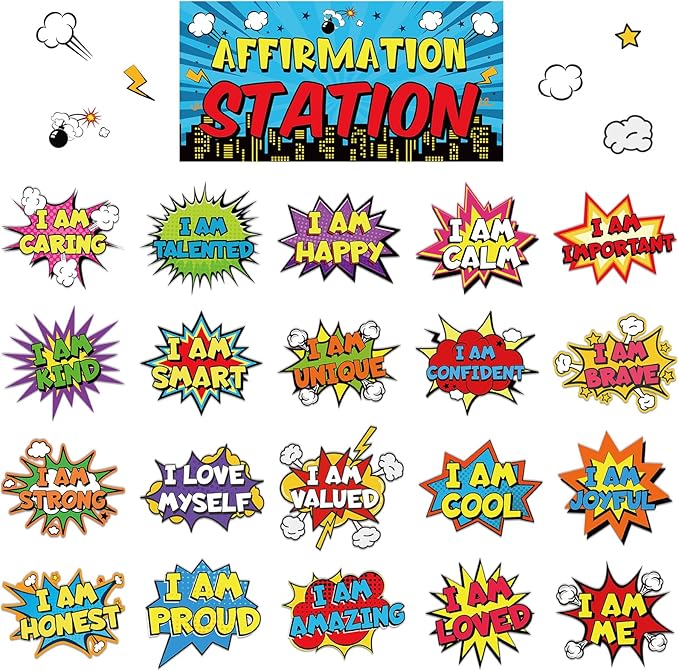 Hero Affirmation Station Bulletin Board Set Hero Positive Bulletin Board for Classroom Growth Mindset Decoration Inspirational Motivational Accent Cutouts for Home School Teacher Wall Mirror Supply