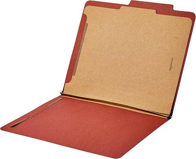 Amazon Basics Classification File Folder, 1 Divider, 2" Embedded Fasteners, Letter Size, 100% Recycled Material, Red, 10 Count
