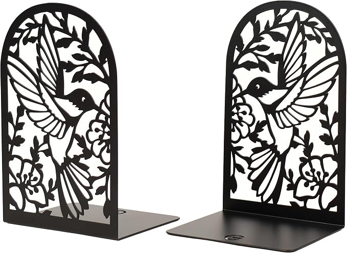CNK Premium BookEnds - Heavy Duty Metal Book Stoppers for Home Office, Decorative Book Shelf Holders (Hummingbird Black)