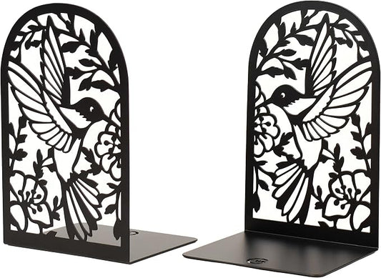 CNK Premium BookEnds - Heavy Duty Metal Book Stoppers for Home Office, Decorative Book Shelf Holders (Hummingbird Black)