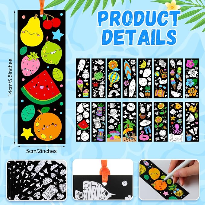 Frienda 80 Pcs Summer Color Your Own Bookmarks with Ribbon Bulk DIY Coloring Crafts Beach Ice Cream Ocean Fruit Sun Bookmark Blank Paint Decorate for Teacher Summer Party Gift Tags