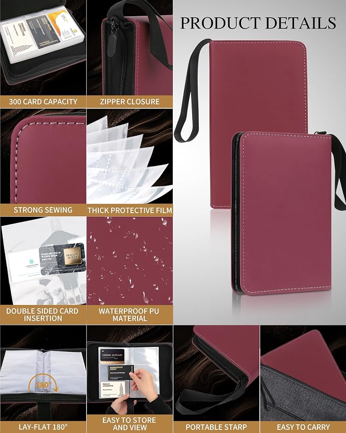 Leather Business Card Book Holder Organizer, Professional Name Card Book Holder with 300 Card Capacity, Portable PU Credit Card Wallet File Sleeve Storage for Men Women,50 Pack Sleeves (Wine Red)