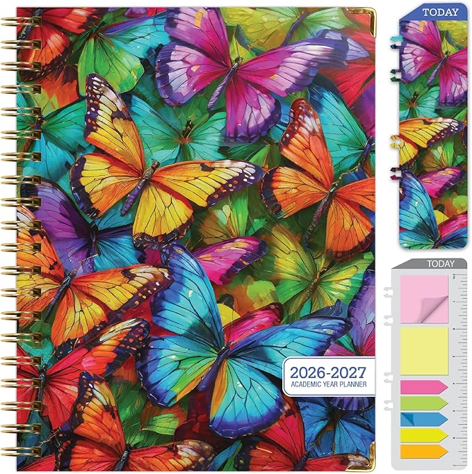 HARDCOVER Academic Year 2026-2027 Planner: 14 Months (May 2026 Through June 2027) 8.5"x 11" Daily Weekly Monthly Planner Yearly Agenda. Bookmark, Pocket Folder and Sticky Note Set (Colorful Butterflies)