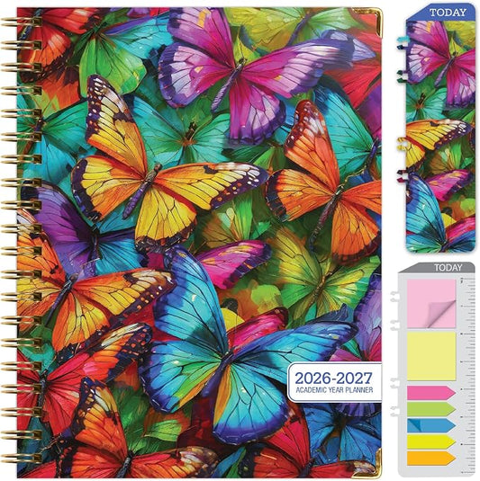 HARDCOVER Academic Year 2026-2027 Planner: 14 Months (May 2026 Through June 2027) 8.5"x 11" Daily Weekly Monthly Planner Yearly Agenda. Bookmark, Pocket Folder and Sticky Note Set (Colorful Butterflies)