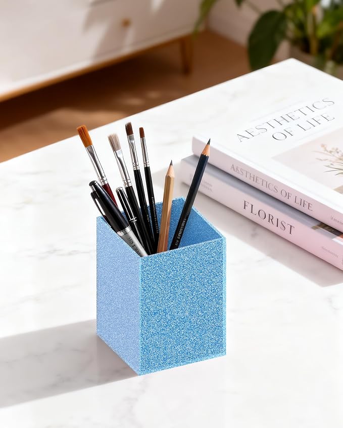 Blue Glitter Acrylic Pen Holder, Acrylic Makeup Brush Storage Organizer, Pencil Pen Holder for Desk, Modern Desktop Accessories for Office School Home Supplies