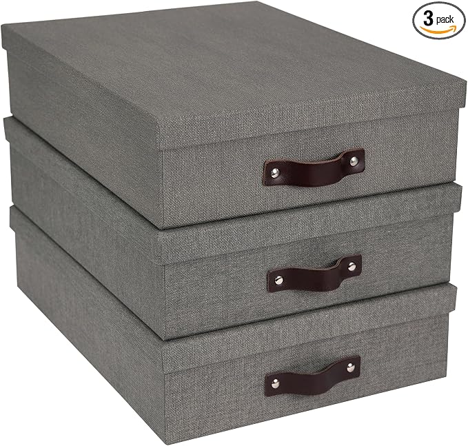 Bigso Box of Sweden Oskar Canvas Fiberboard Document Letter Box - File Organizer Box for Important Paperwork - Document Storage with a Lid & Handle - 3.3 in x 10.2 in x 13.8 in - 3 Pack - Grey