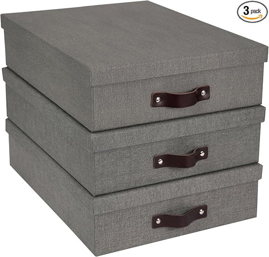Bigso Box of Sweden Oskar Canvas Fiberboard Document Letter Box - File Organizer Box for Important Paperwork - Document Storage with a Lid & Handle - 3.3 in x 10.2 in x 13.8 in - 3 Pack - Grey