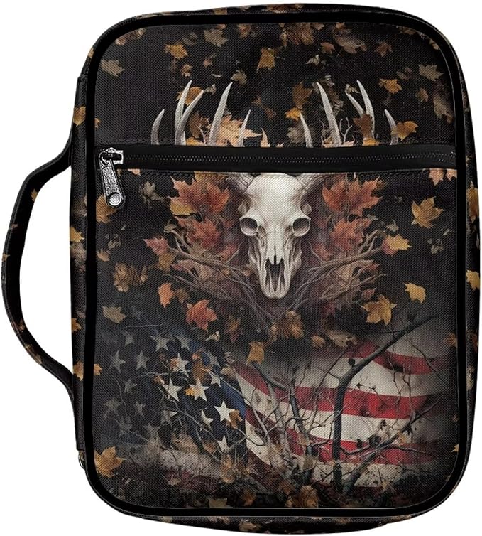 Suobstales Deer Skull Print Bible Covers for Women Men American Flag Design Bible Case Christian Bible Bag with Handle and Zippered Pocket Carrying Book Case