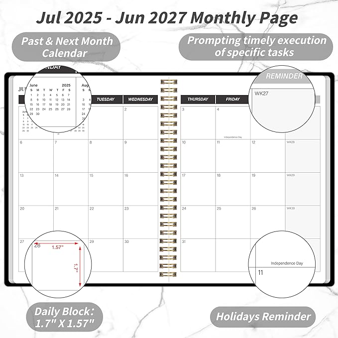 Monthly Planner 2025-2027, July 2025 - June 2027, 2 Year Calendar 2025-2027 Monthly Planner, 7.5" x 10", 24 month Calendar With Goals To Do List, Habit Tracker Suitable for Schools & Offices & Home, Black