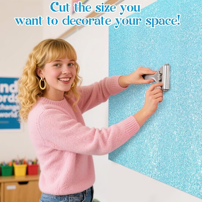 gisgfim 16" x20ft Glitter Bulletin Board Paper Roll Sparkle Color Bulletin Board Background Poster Paper Non Fading Gift Wrapping DIY Art Crafts for Office Classroom Decoration, Light Blue