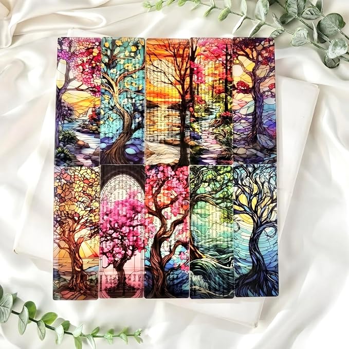 Fantasy Trees Bookmark Gifts - 10 Pcs Pretty Seasons Stained Glass Bookmarks for Women Men Book Lovers Students Aesthetic Page Marks School Reading Accessories Bookish Birthday Graduation Gift