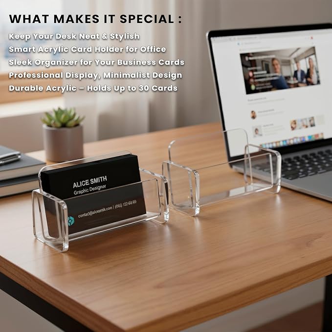 Acrylic Business Card Holder | Clear Business Card Organizer for Horzontal Cards | Plastic Business Card Display for Desk Organization | Office Desk Accessories