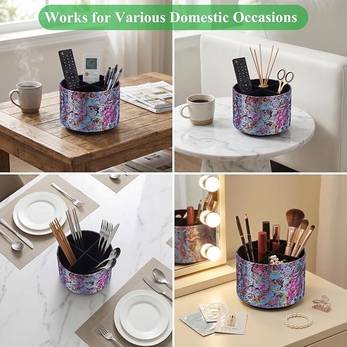 Round Leather Art Supply Organizer,Remote Control Holder,360-degree Rotating Pen Organizer with 4 Compartments(1-Painting Purple)