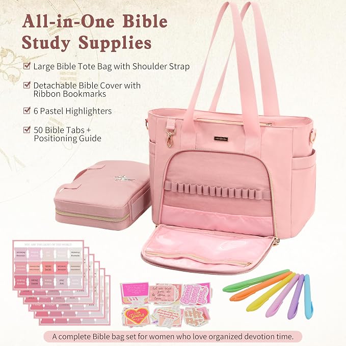 Large Bible Bag for Women, 2-in-1 Bible Tote with Detachable Embroidered Bible Cover & Study Supplies, Church Bible Study Bag, Gift-Ready Christian Gift for Women (Pink)