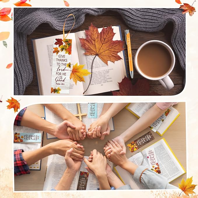 Dispowreath 24 Pcs/ 12 Sets Christian Thanksgiving Gifts Bulk, Include 12 Give Thanks Pen 12 Psalm 136: 1 Fall Religious Bible Verse Bookmarks Church Autumn Exchange Gifts for Party Favors