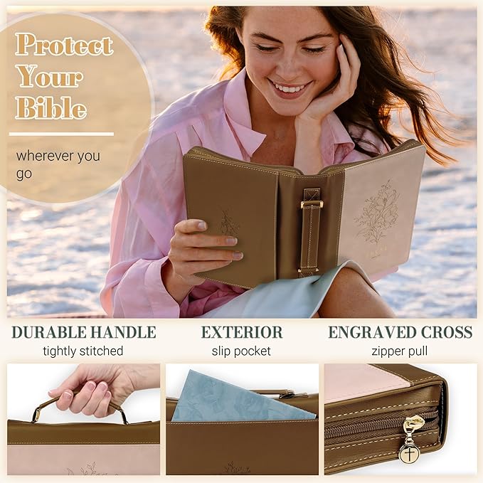 Christian Art Gifts Premium Vegan Leather Inspirational Bible Cover for Women: Trust Encouraging Bible Verse, Easy Carry Zippered Case, Pen Loops, Pockets, Debossed Florals, Pink & Light Brown, Medium
