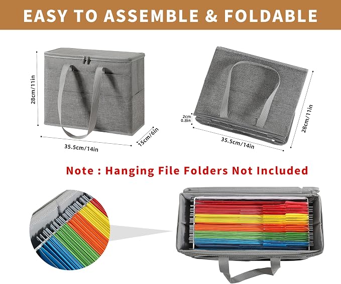 Qozary 2 Pack File Folder Organizer Box-Hanging File Tote Bag With Lids, Collapsible Portable Filing Organizer Box With Handle, Document Storage Bag For Office,Home,Travel, School