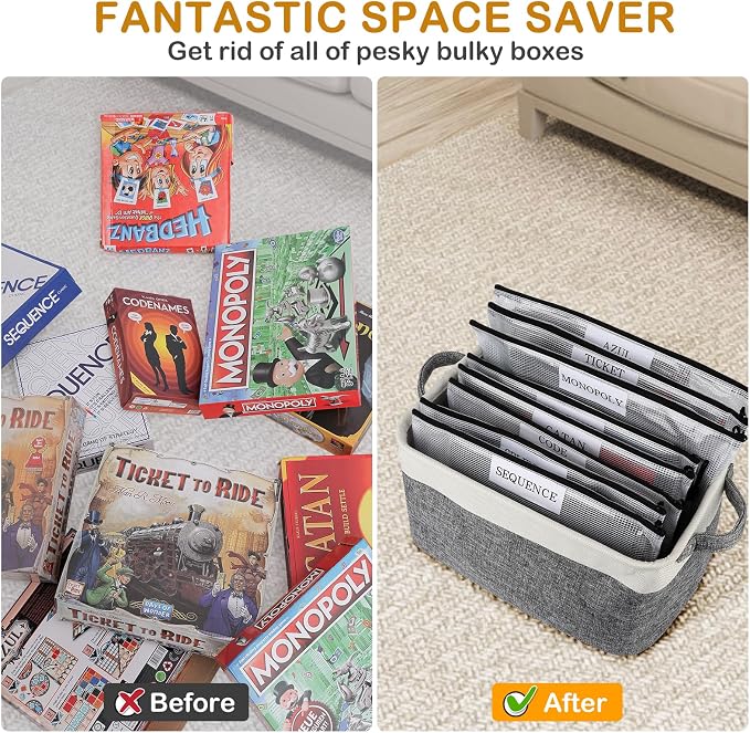 Lukeline Board Game Storage Kit Include 2 Storage Basket and 20pcs Zipper Bags, Board Game Organizer with Writable Stickers and Dispensing, Suitable for Puzzle Storage, Toys, Building Blocks, Document